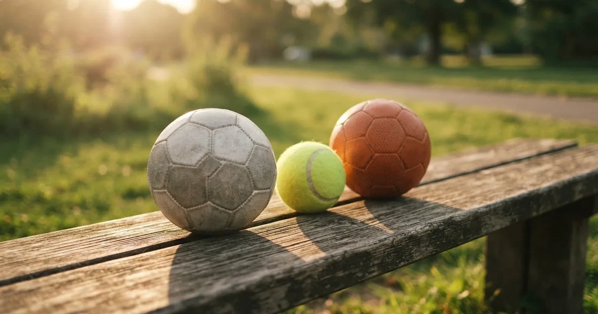 Drie ballen van verschillende soorten naast elkaar op een houten bank