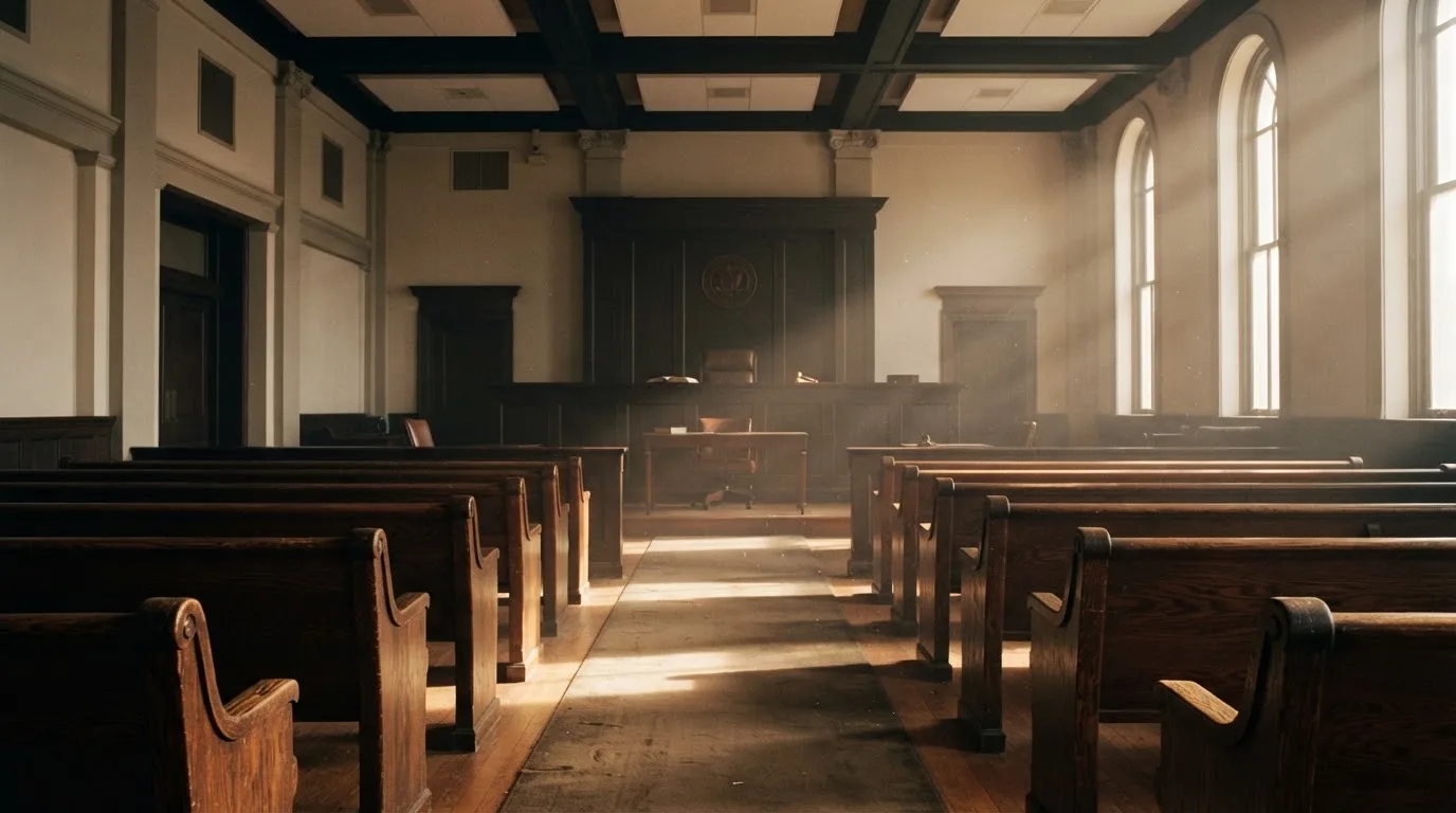 Een lege rechtszaal met houten banken in het ochtendlicht