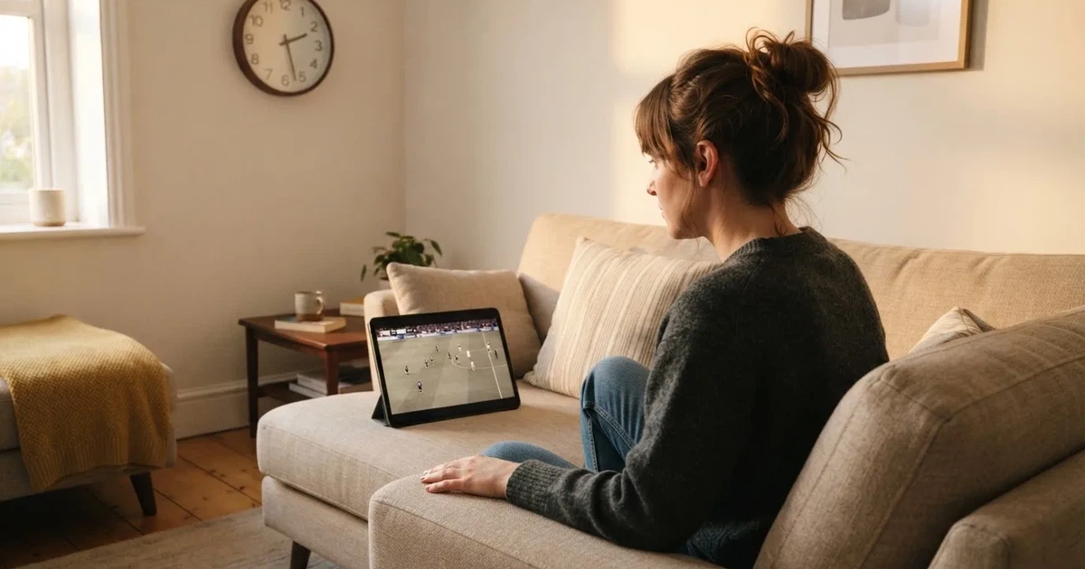 Een persoon op de bank kijkt peinzend naar een tablet, op de achtergrond een klok aan de muur