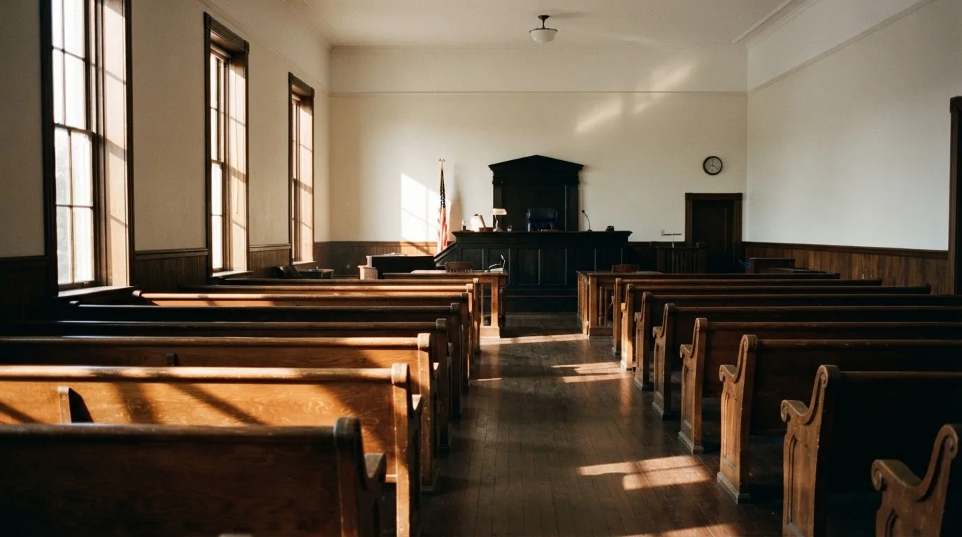 Een lege rechtszaal met houten banken in het ochtendlicht