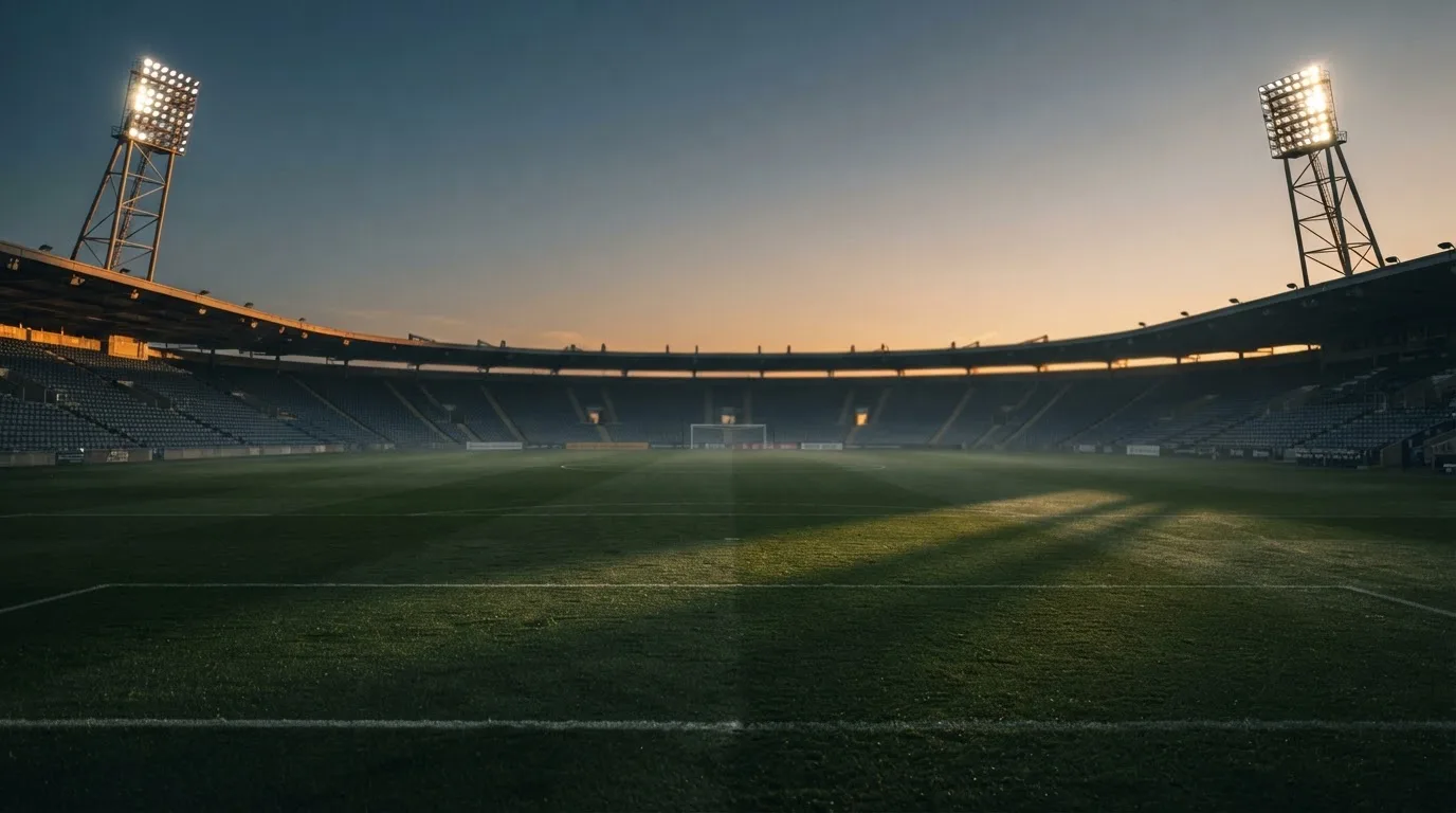 Een leeg voetbalstadion met lichtmasten bij schemering