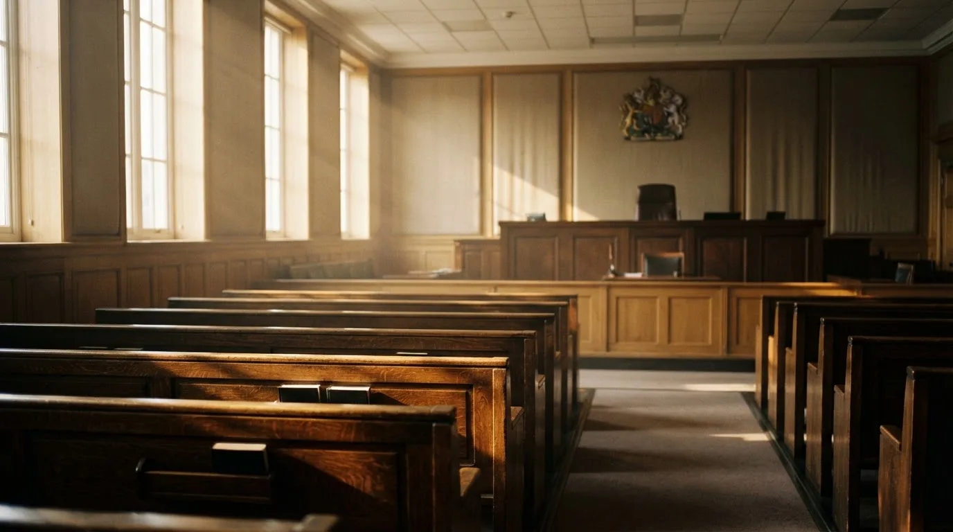 Een lege rechtszaal met houten banken in het ochtendlicht