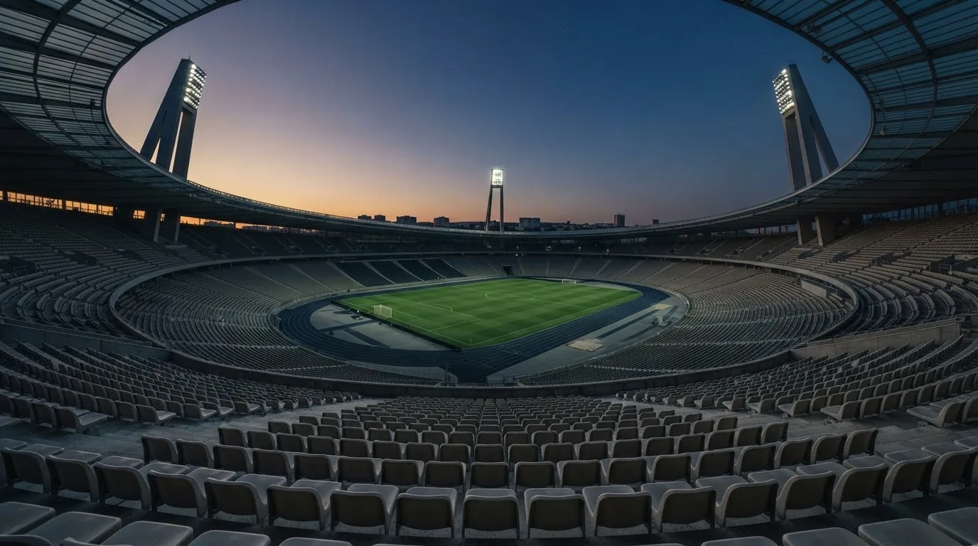Een leeg voetbalstadion met lichtmasten bij schemering