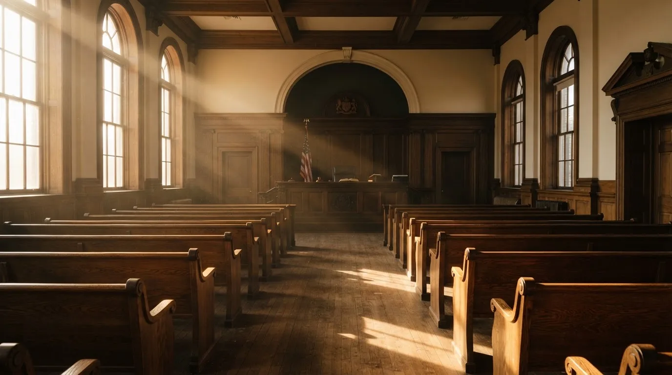 Een lege rechtszaal met houten banken in het ochtendlicht