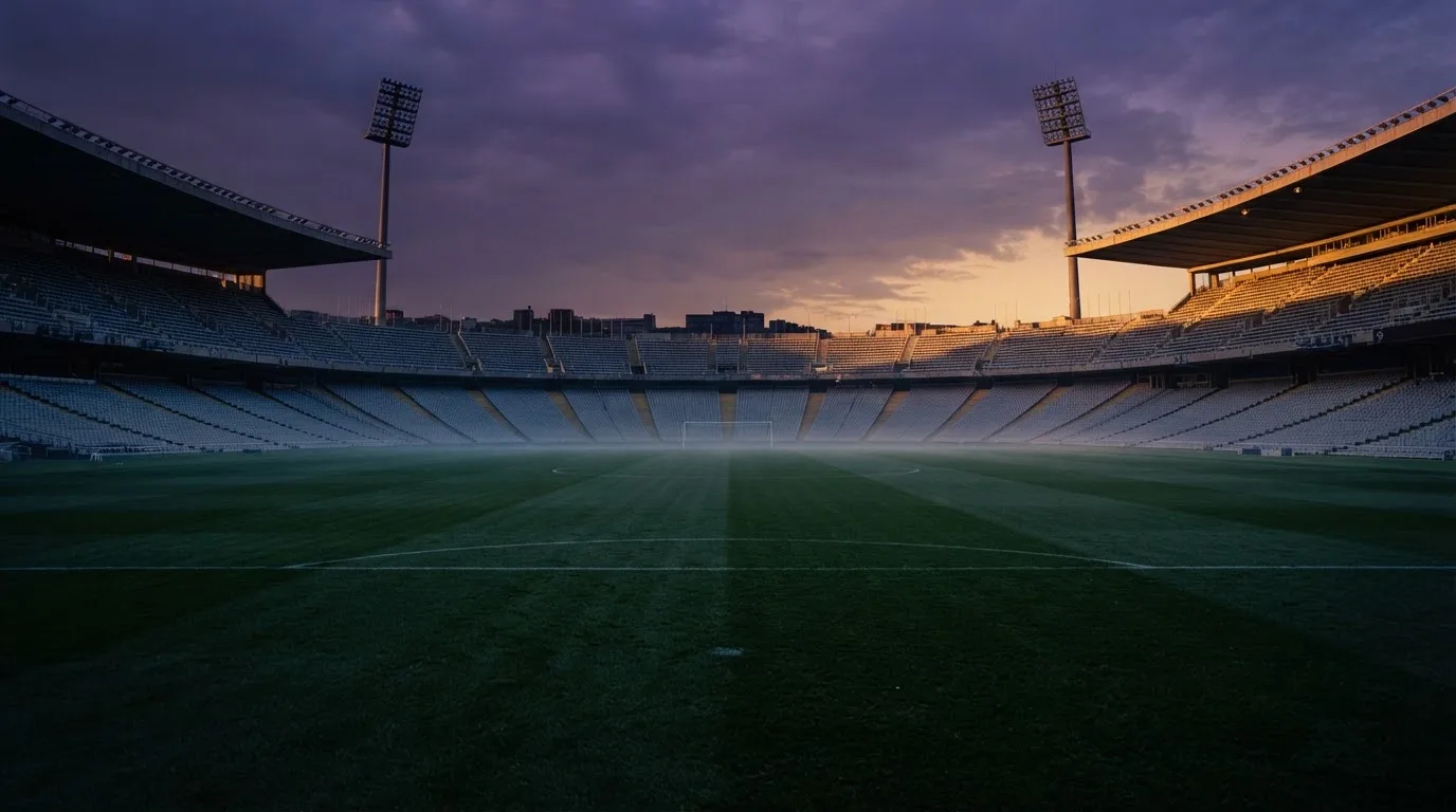 Een leeg voetbalstadion met lichtmasten bij schemering