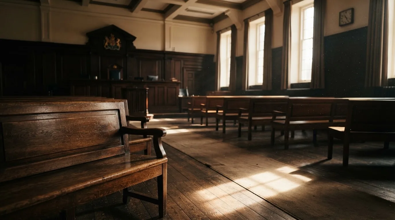 Een lege rechtszaal met houten banken in het ochtendlicht