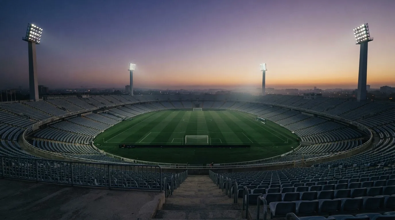 Een leeg voetbalstadion met lichtmasten bij schemering