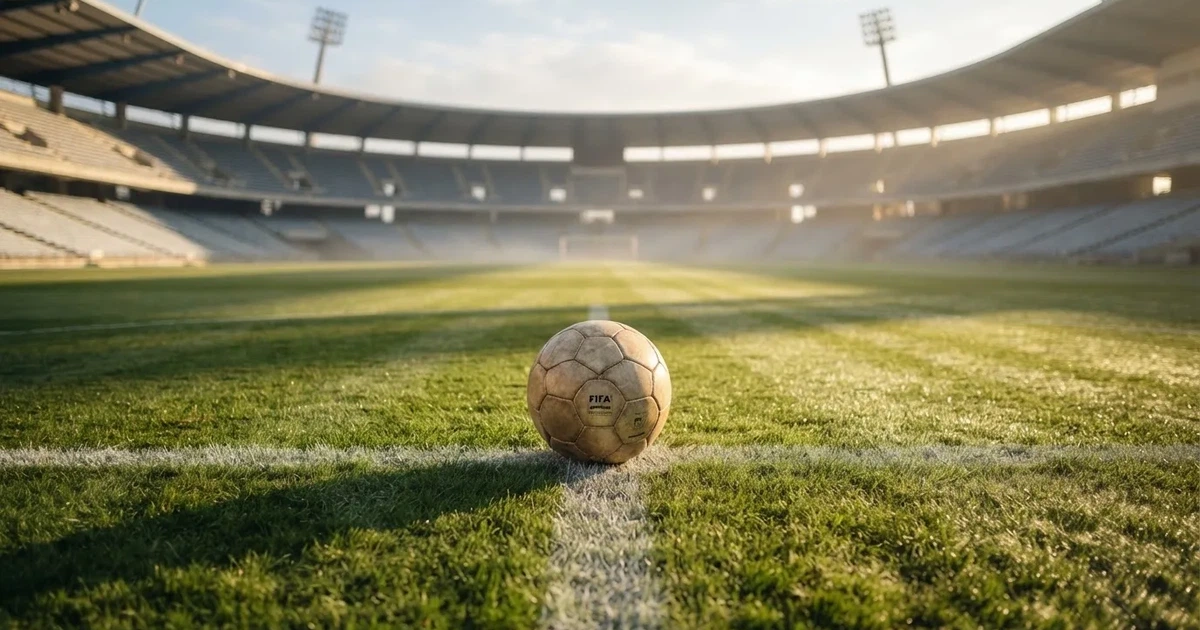 Een voetbal op de middenstip van een grasveld in het ochtendlicht