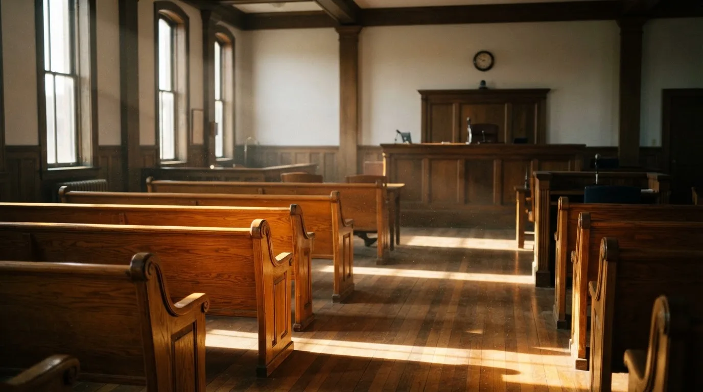 Een lege rechtszaal met houten banken in het ochtendlicht