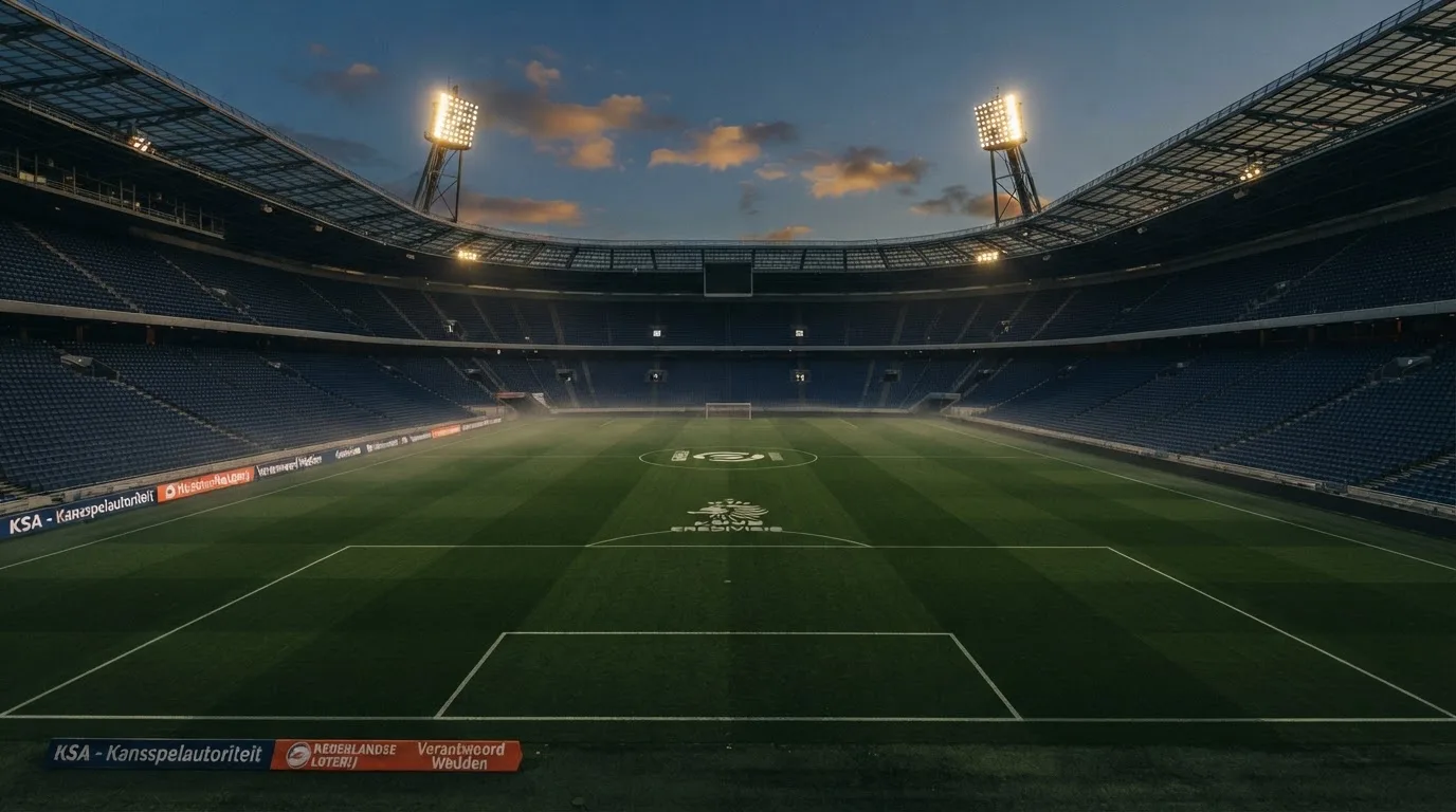 Een leeg voetbalstadion met lichtmasten bij schemering