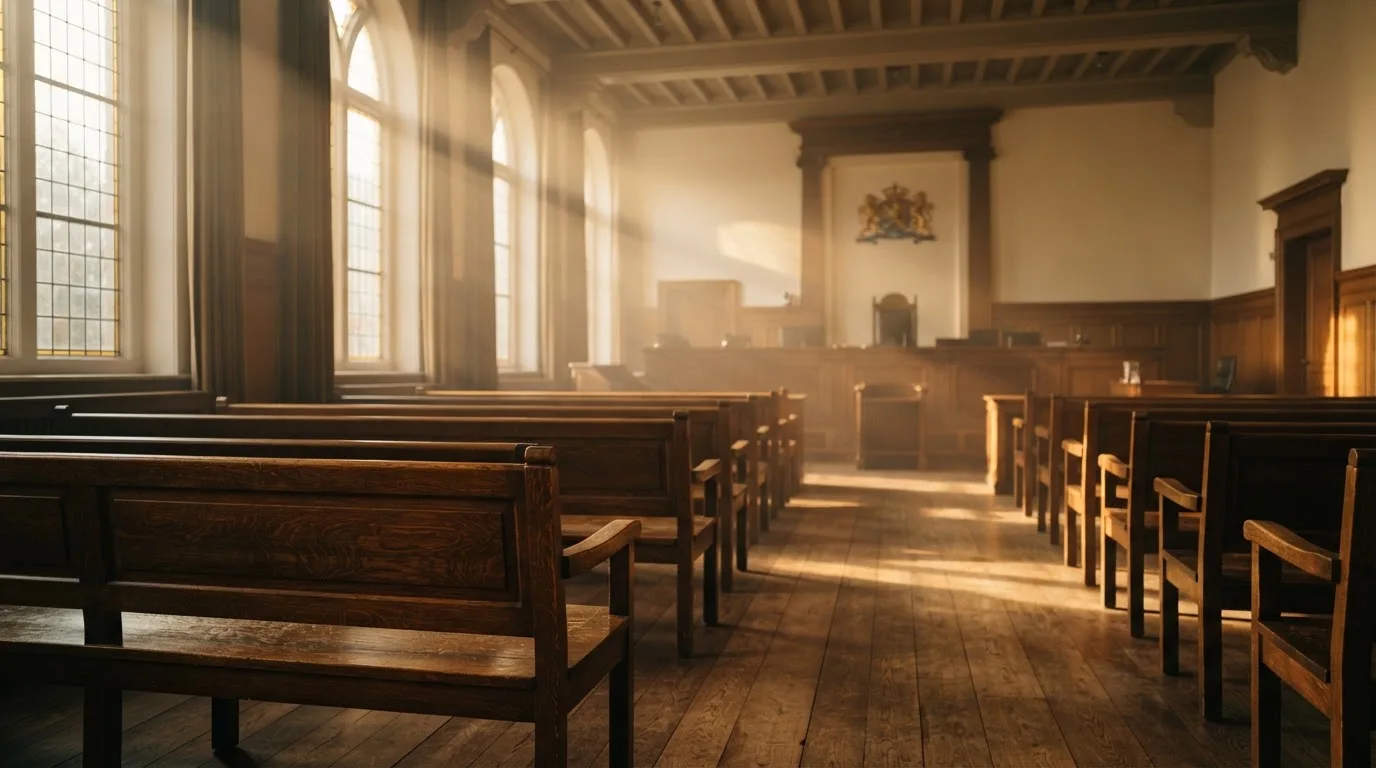 Een lege rechtszaal met houten banken in het ochtendlicht
