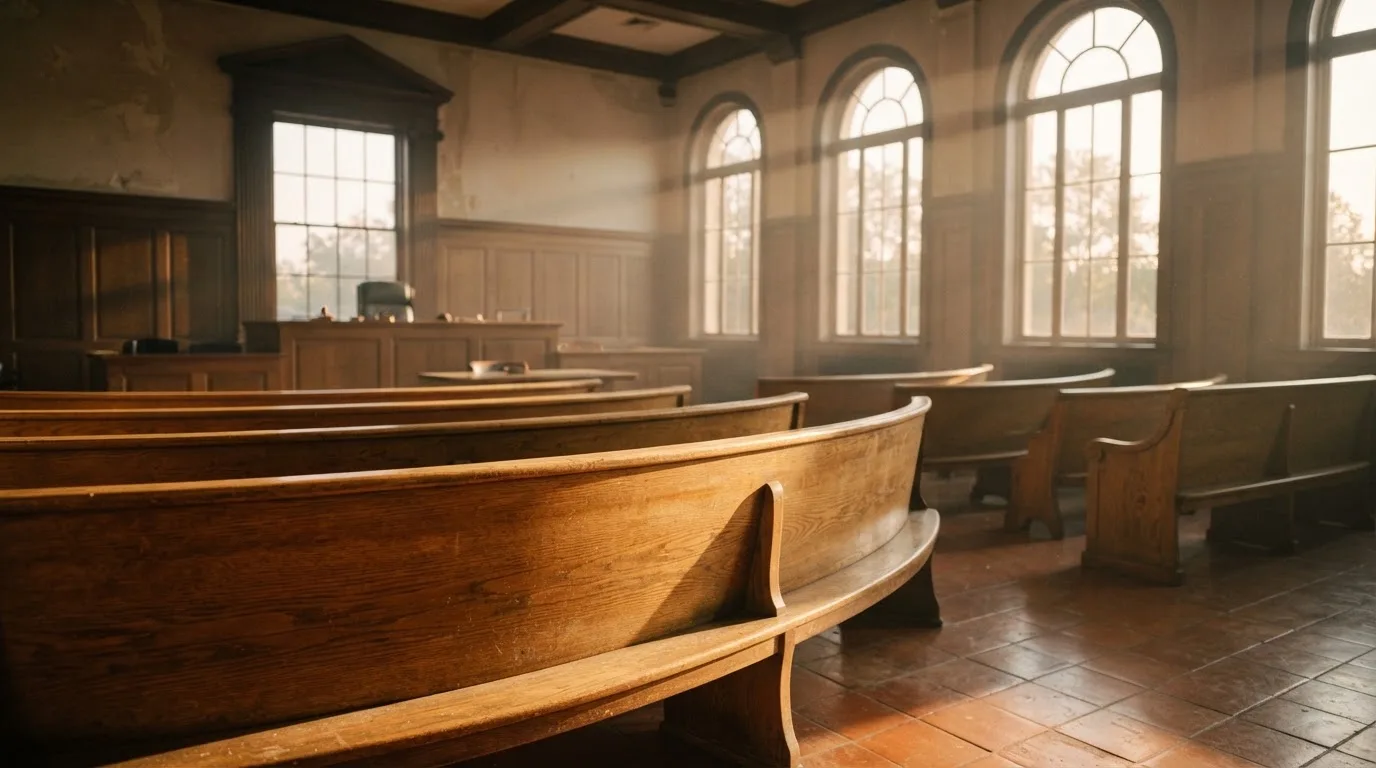 Een lege rechtszaal met houten banken in het ochtendlicht