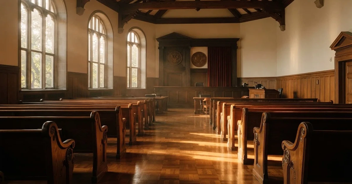 Een lege rechtszaal met houten banken in het ochtendlicht
