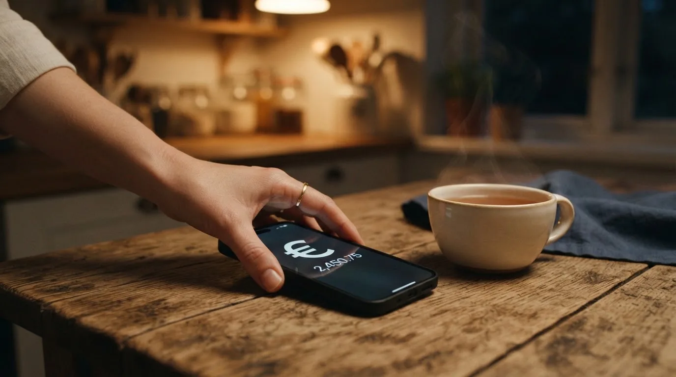 Een hand legt een smartphone naast een kopje thee op een keukentafel, een rustige avond