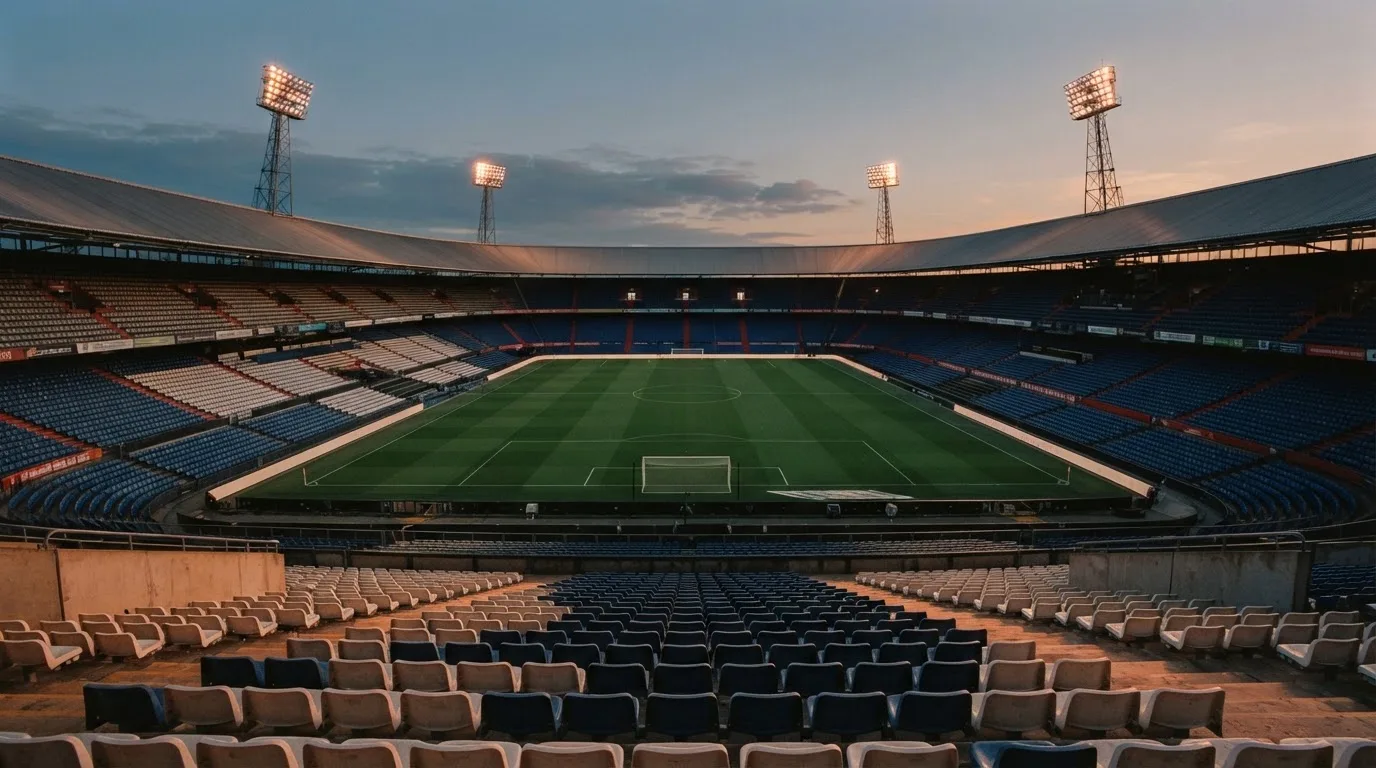 Een leeg voetbalstadion met lichtmasten bij schemering