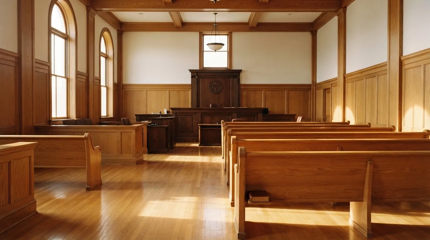 Een lege rechtszaal met houten banken in het ochtendlicht
