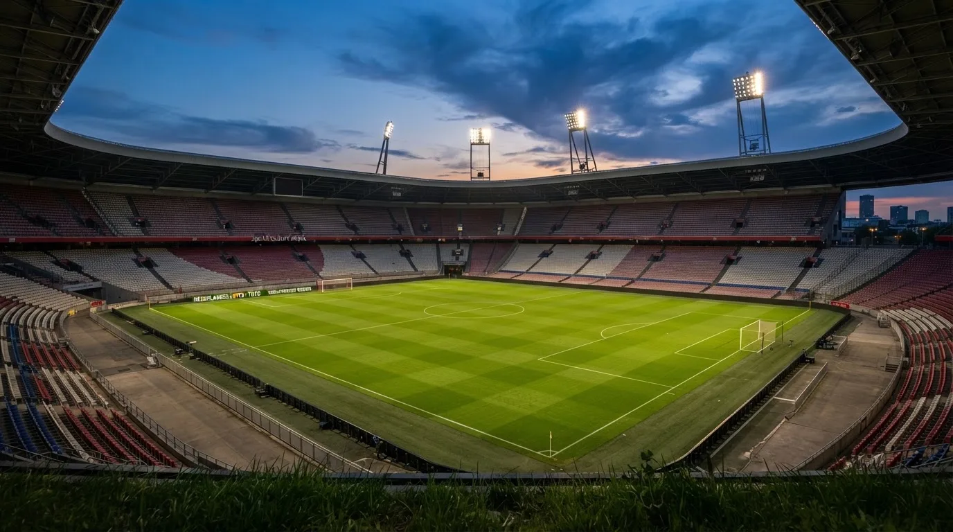 Een leeg voetbalstadion met lichtmasten bij schemering