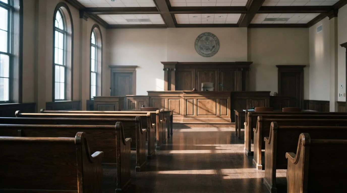 Een lege rechtszaal met houten banken in het ochtendlicht