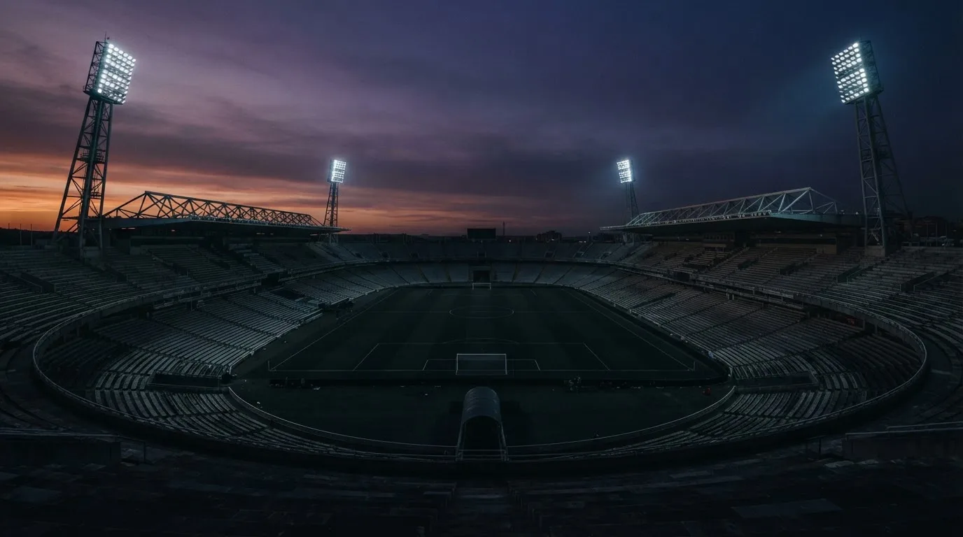 Een leeg voetbalstadion met lichtmasten bij schemering