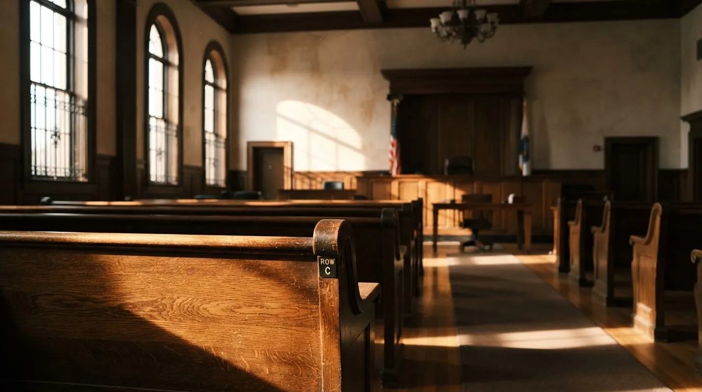 Een lege rechtszaal met houten banken in het ochtendlicht