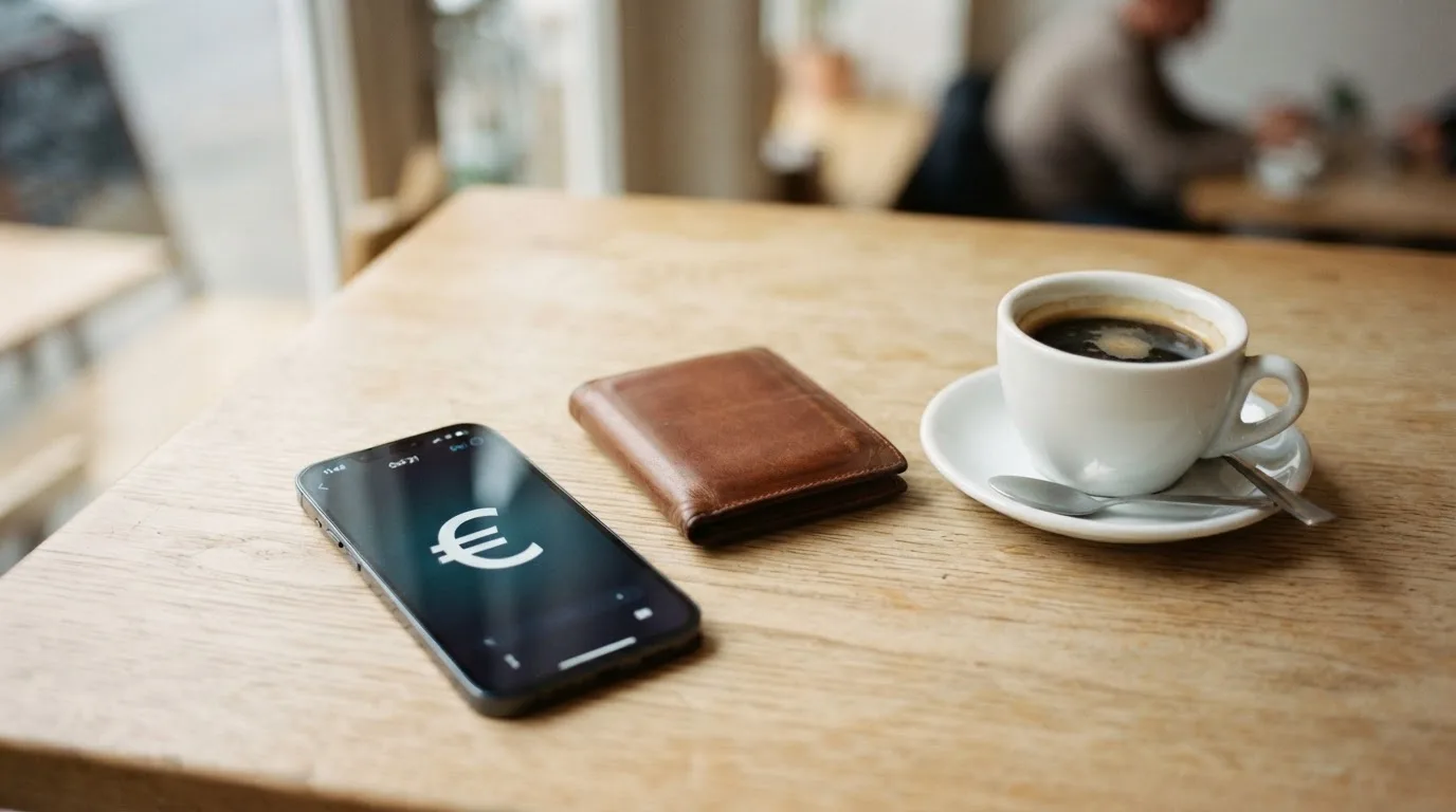 Een smartphone op een houten tafel naast een portemonnee en een kopje koffie