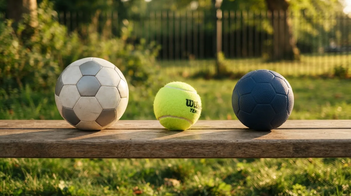 Drie ballen van verschillende soorten naast elkaar op een houten bank