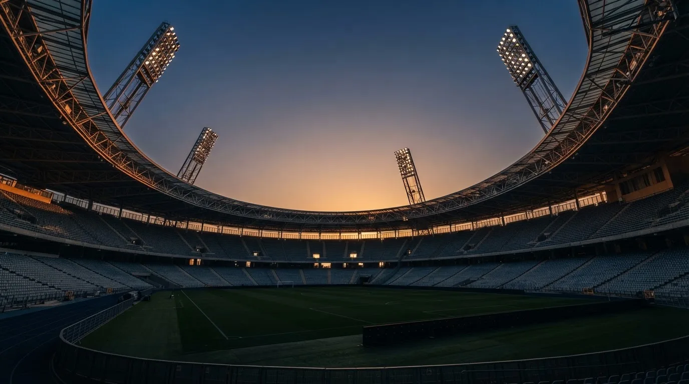 Een leeg voetbalstadion met lichtmasten bij schemering