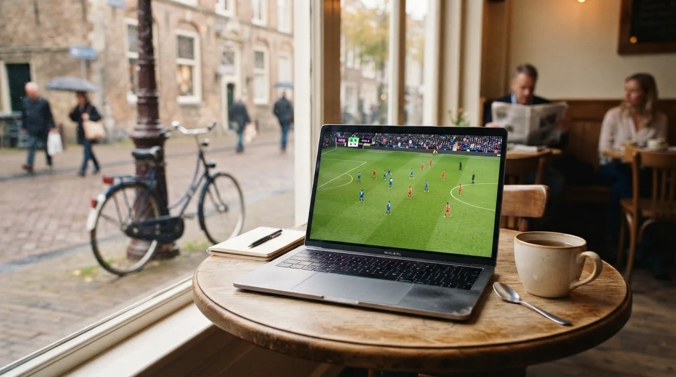 Een laptop op een cafétafel bij een raam met uitzicht op de straat
