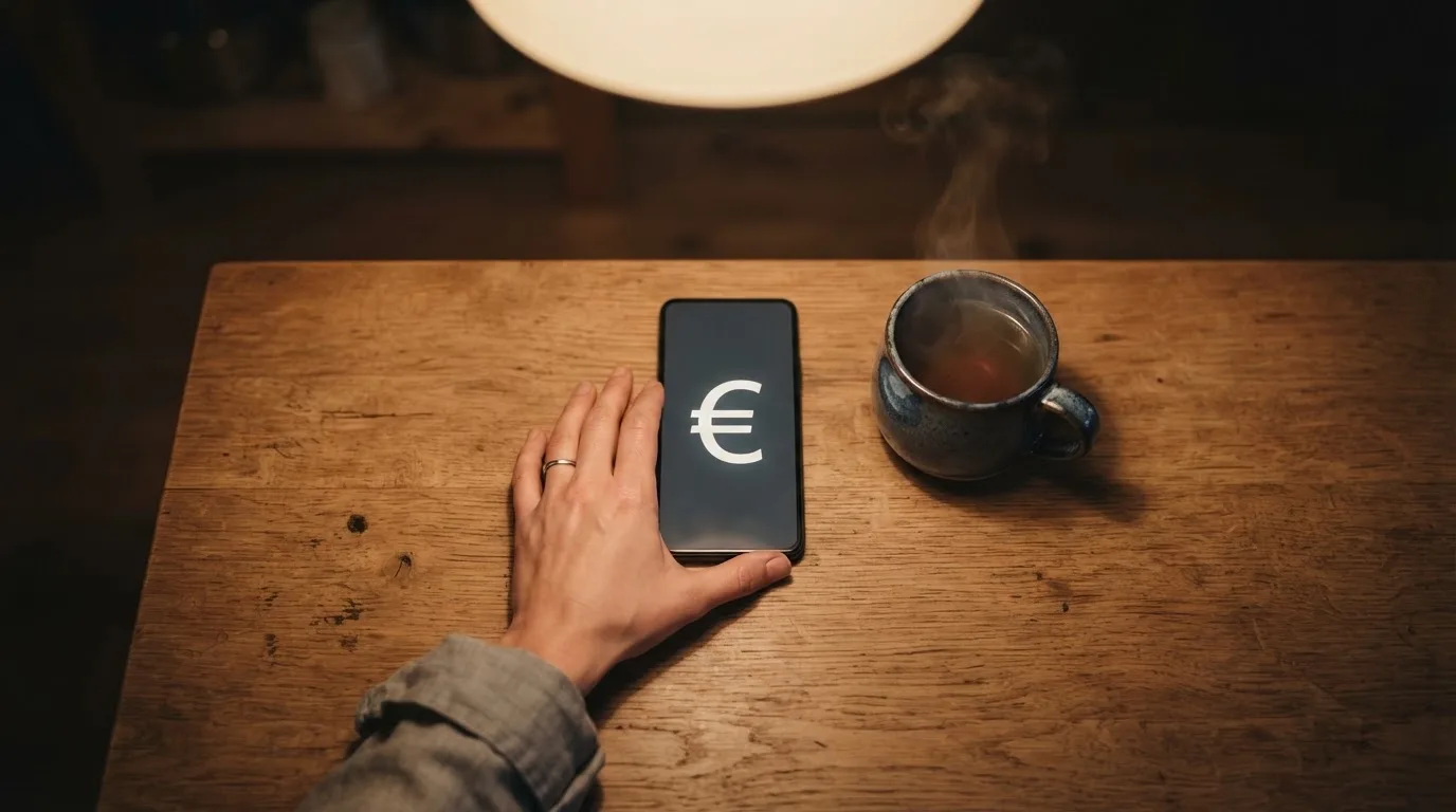 Een hand legt een smartphone naast een kopje thee op een keukentafel, een rustige avond