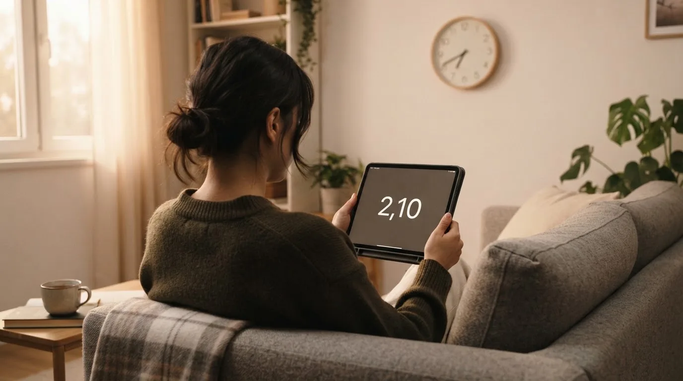 Een persoon op de bank kijkt peinzend naar een tablet, op de achtergrond een klok aan de muur