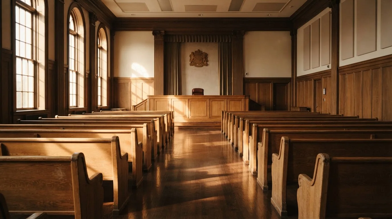 Een lege rechtszaal met houten banken in het ochtendlicht