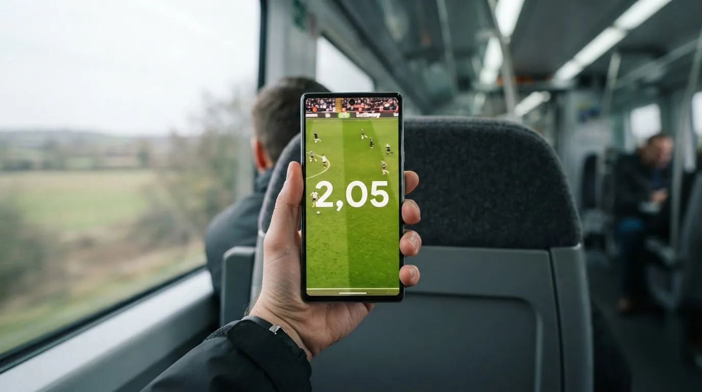 Een hand houdt een smartphone vast in de trein, het scherm van de camera afgewend