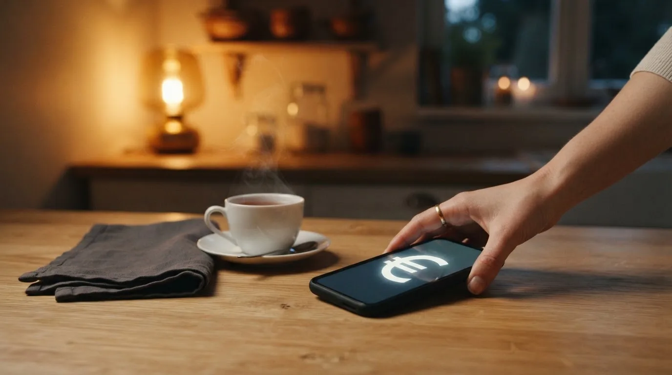 Een hand legt een smartphone naast een kopje thee op een keukentafel, een rustige avond