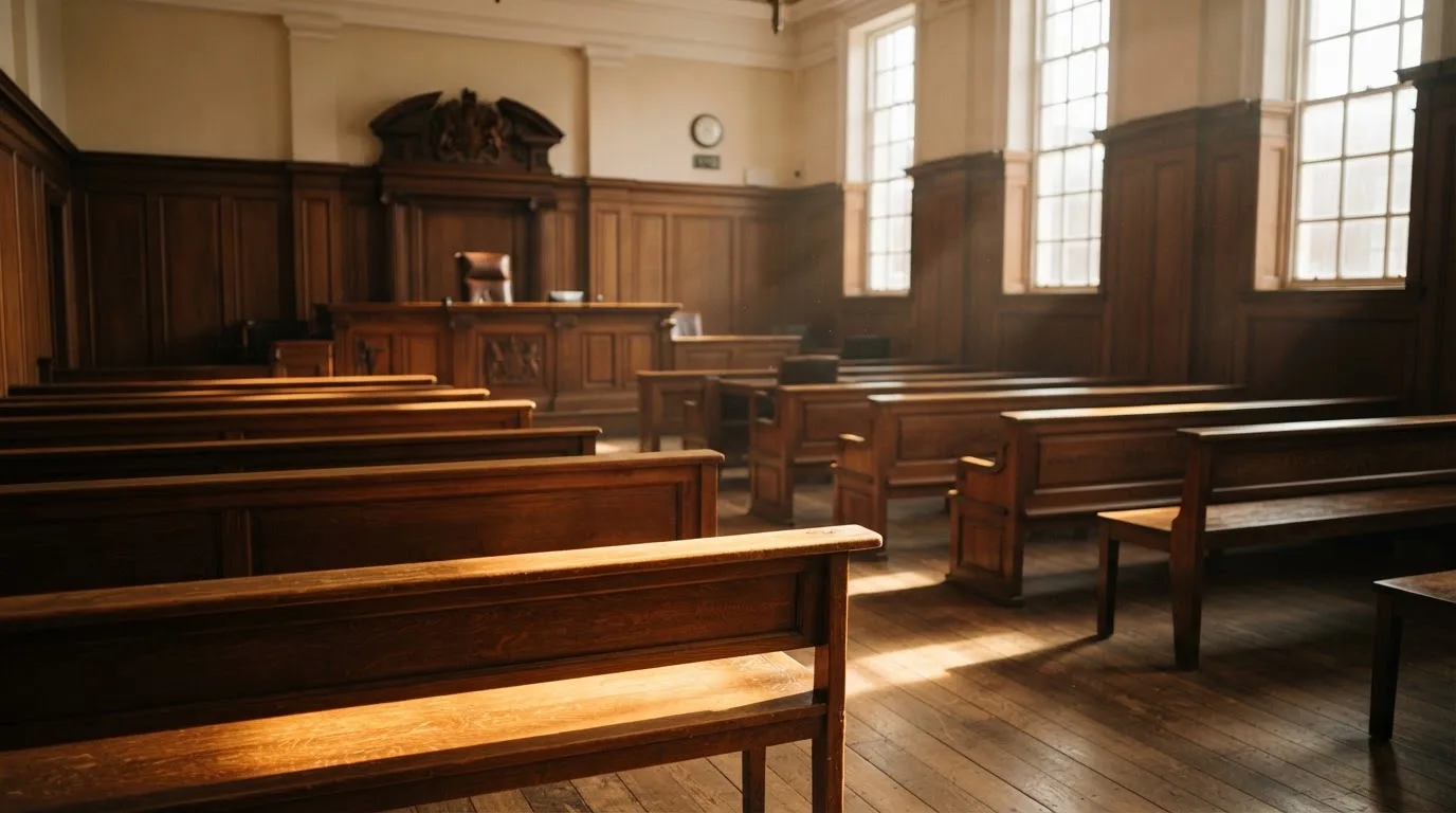 Een lege rechtszaal met houten banken in het ochtendlicht