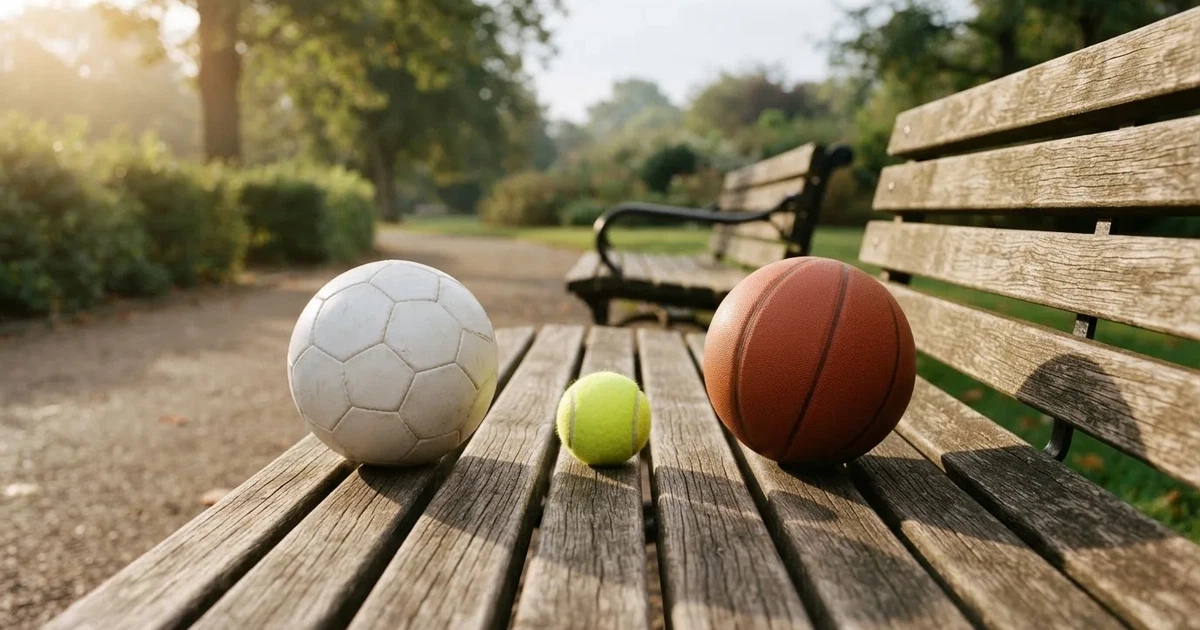Drie ballen van verschillende soorten naast elkaar op een houten bank
