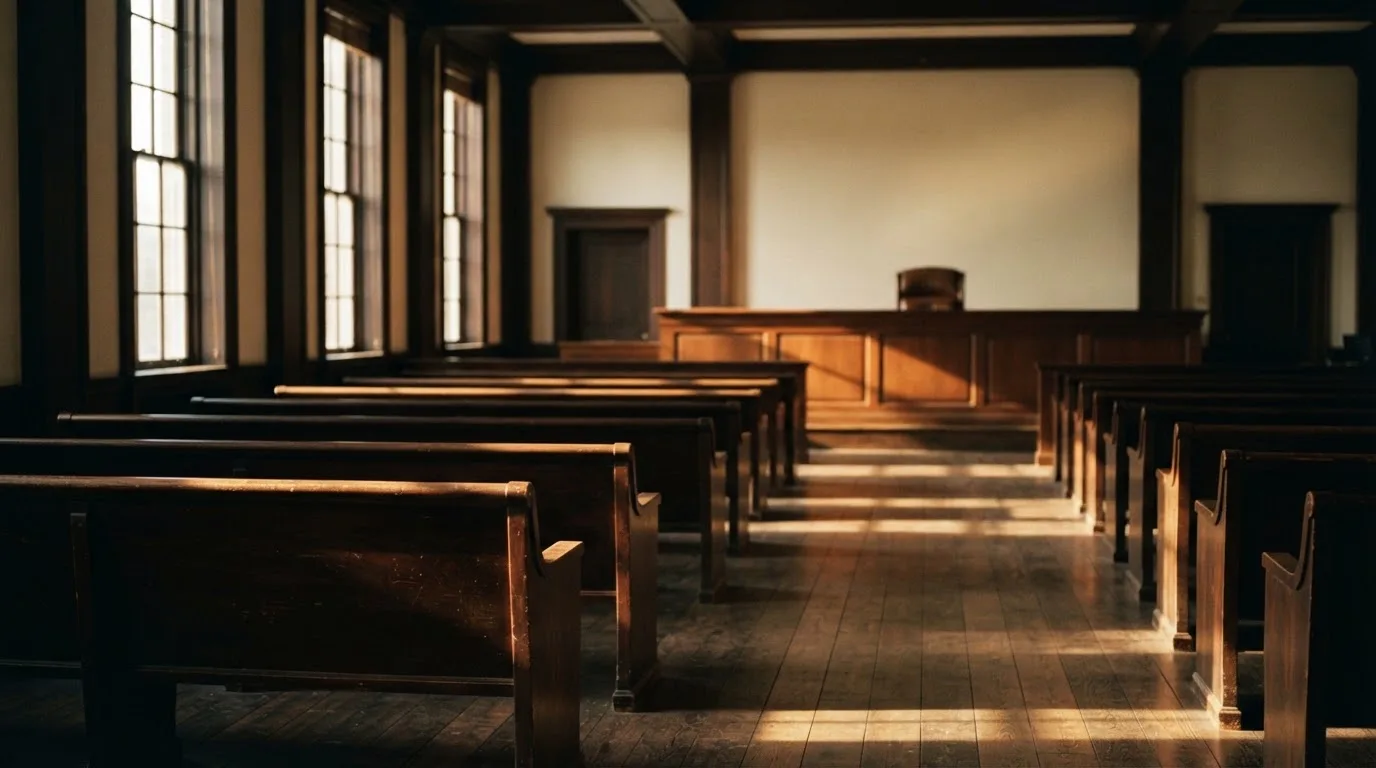 Een lege rechtszaal met houten banken in het ochtendlicht