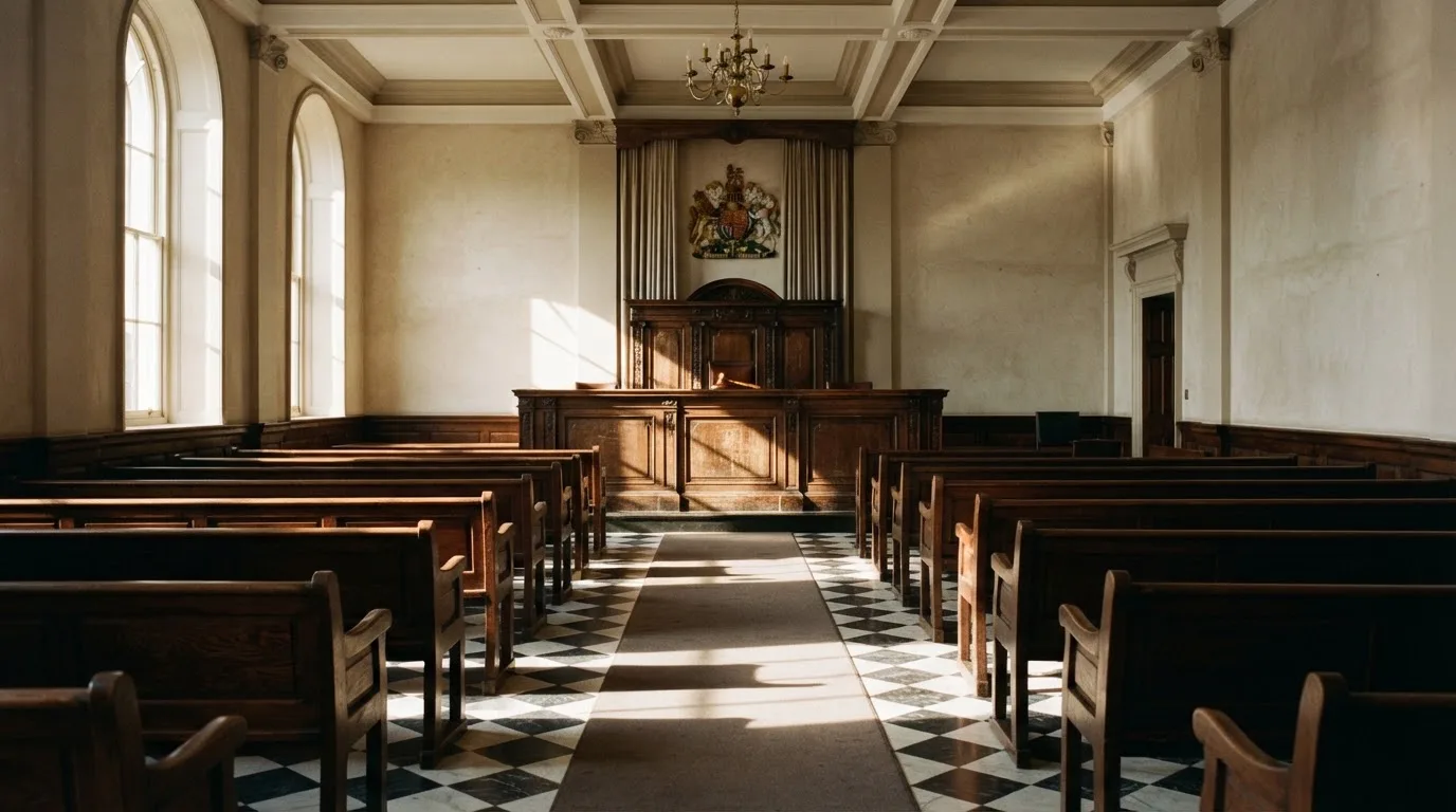 Een lege rechtszaal met houten banken in het ochtendlicht