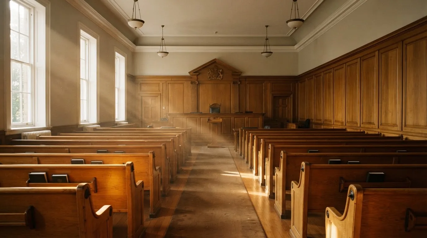 Een lege rechtszaal met houten banken in het ochtendlicht