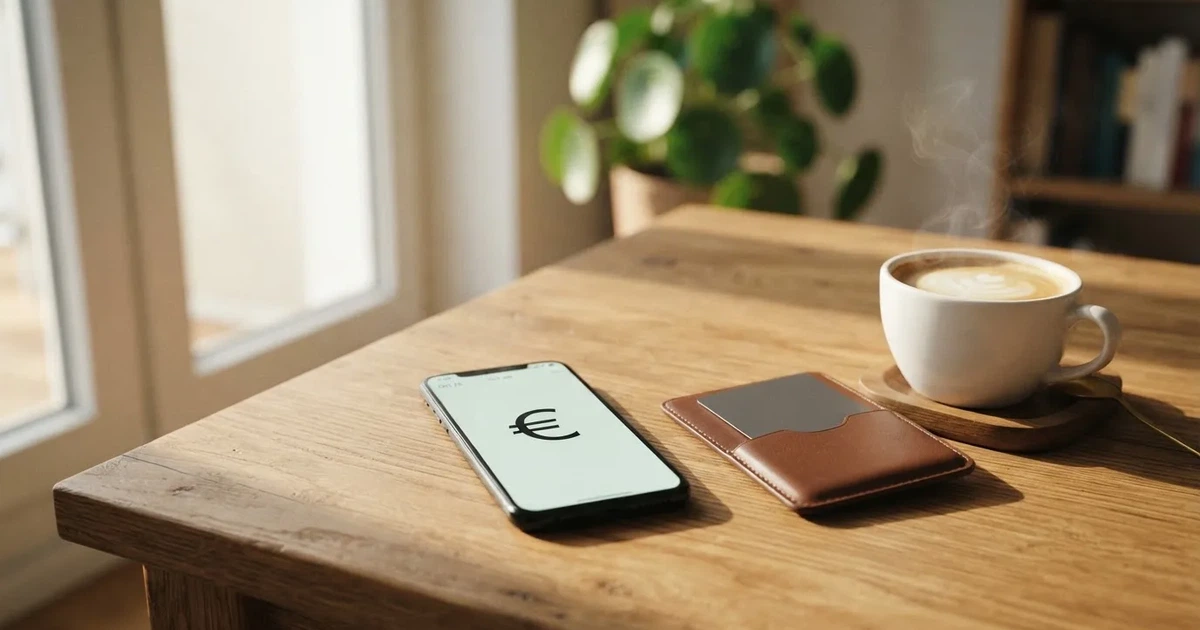 Een smartphone op een houten tafel naast een portemonnee en een kopje koffie