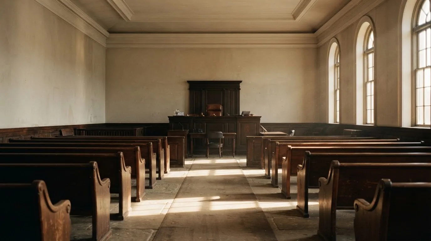 Een lege rechtszaal met houten banken in het ochtendlicht