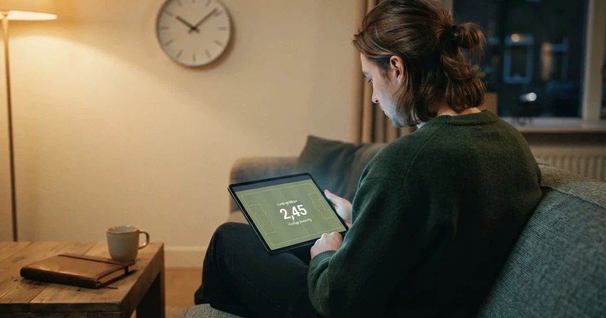 Een persoon op de bank kijkt peinzend naar een tablet, op de achtergrond een klok aan de muur