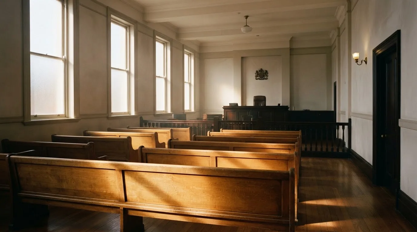Een lege rechtszaal met houten banken in het ochtendlicht