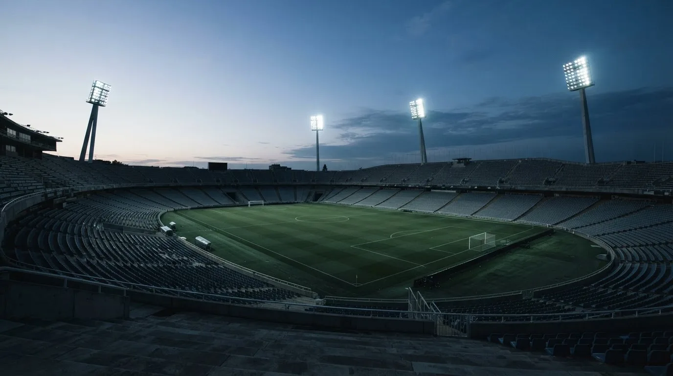 Een leeg voetbalstadion met lichtmasten bij schemering