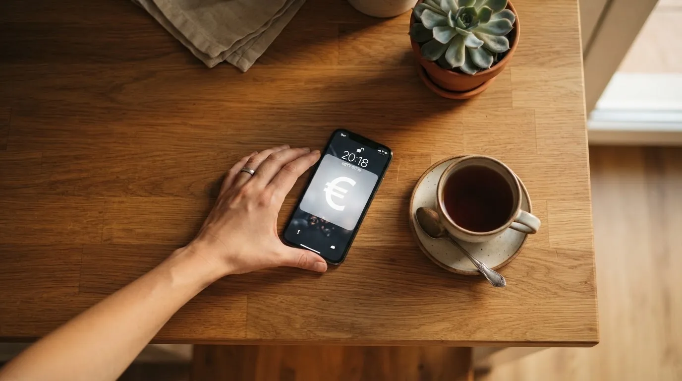 Een hand legt een smartphone naast een kopje thee op een keukentafel, een rustige avond