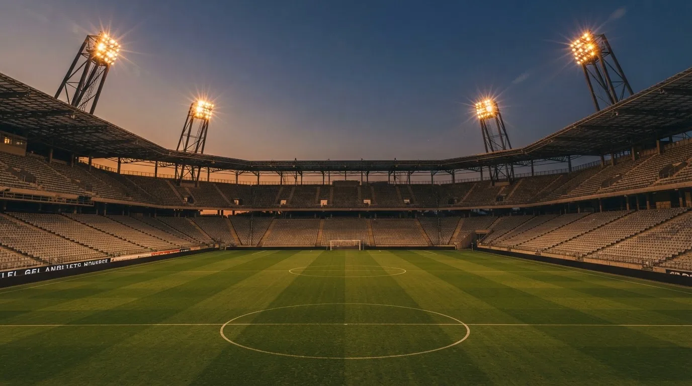 Een leeg voetbalstadion met lichtmasten bij schemering