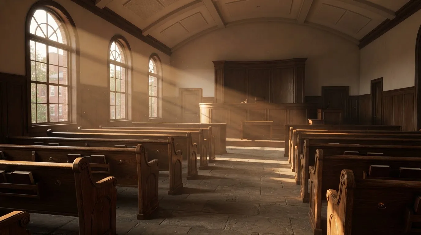 Een lege rechtszaal met houten banken in het ochtendlicht