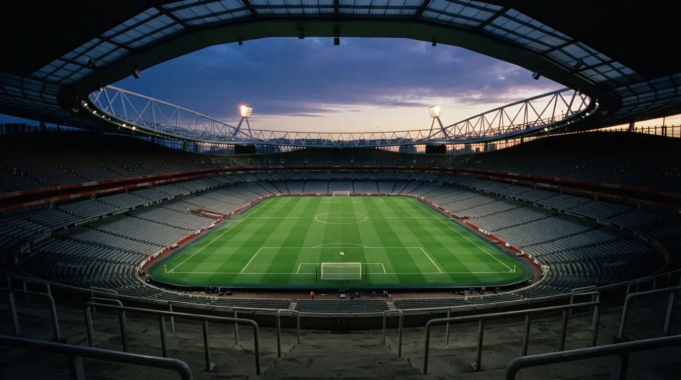 Een leeg voetbalstadion met lichtmasten bij schemering