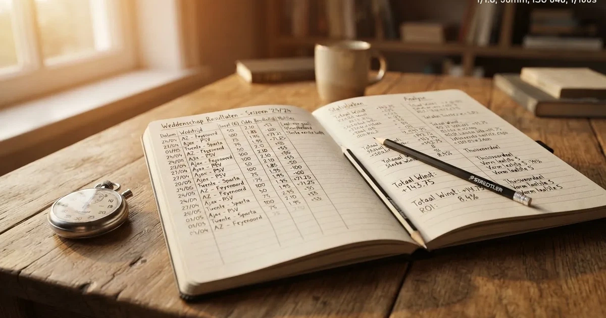 Een opengeslagen notitieboek met een potlood en een stopwatch op een houten tafel
