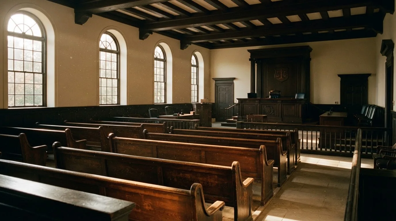Een lege rechtszaal met houten banken in het ochtendlicht