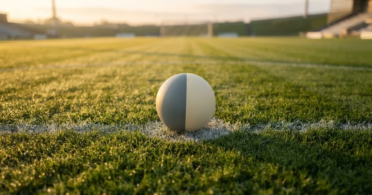 Een voetbal op de middenstip van een grasveld in het ochtendlicht